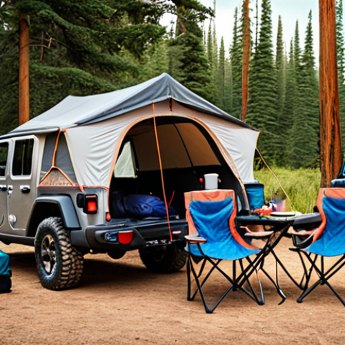 **

A Jeep Gladiator, packed with camping gear (tent, sleeping bags, chairs, cooking equipment), parked at a campsite with a family enjoying the outdoors. Focus on showcasing the spaciousness of the truck bed and the ease of loading camping equipment. Style: realistic, outdoor adventure.

**