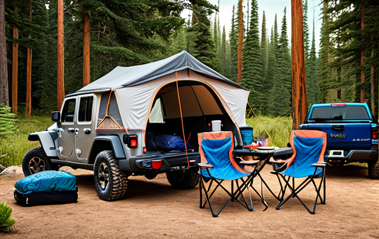 **

A Jeep Gladiator, packed with camping gear (tent, sleeping bags, chairs, cooking equipment), parked at a campsite with a family enjoying the outdoors. Focus on showcasing the spaciousness of the truck bed and the ease of loading camping equipment. Style: realistic, outdoor adventure.

**