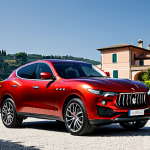 Maserati Levante - Italian Elegance**

A sleek, fully clothed Maserati Levante in Rosso Energia parked in front of a stylish Italian villa. The car showcases its coupe-like silhouette, prominent front grille with the Trident emblem, and optional carbon fiber detailing. The scene emphasizes Italian craftsmanship and passion. Safe for work, appropriate content, professional photography, perfect anatomy, natural proportions, high quality.

**