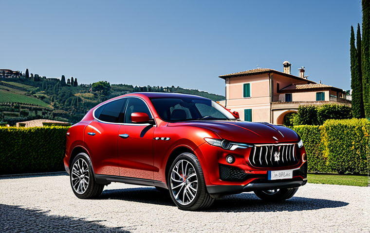 Maserati Levante - Italian Elegance**

A sleek, fully clothed Maserati Levante in Rosso Energia parked in front of a stylish Italian villa. The car showcases its coupe-like silhouette, prominent front grille with the Trident emblem, and optional carbon fiber detailing. The scene emphasizes Italian craftsmanship and passion. Safe for work, appropriate content, professional photography, perfect anatomy, natural proportions, high quality.

**