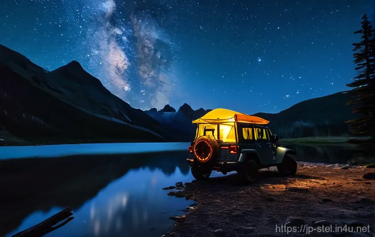 지프 랭글러의 캠핑 액세서리 추천 - **A vibrant outdoor living and cooking area set up next to a Jeep Wrangler in a picturesque forest c...