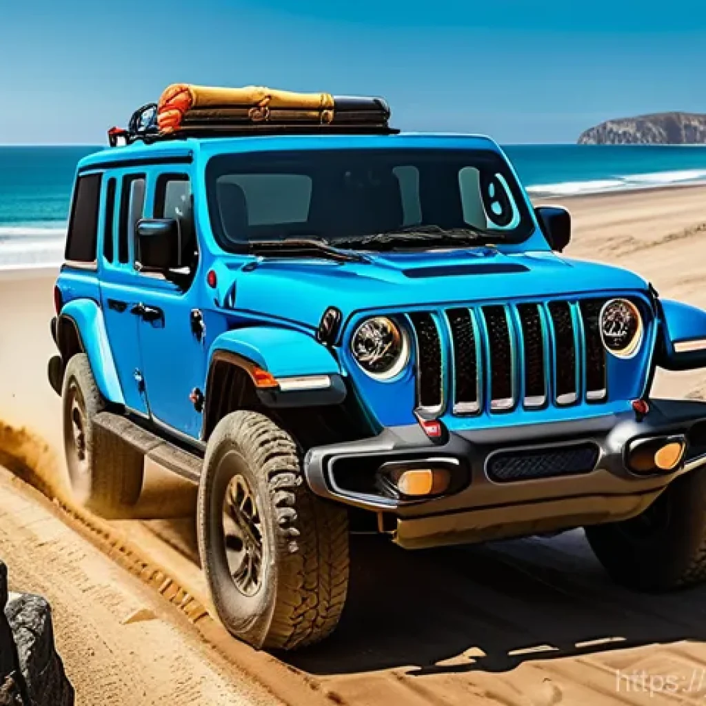 지프 글래디에이터와 랜드로버 디펜더 비교 - A rugged Jeep Gladiator, shown from a dynamic low-angle shot, confidently navigating a challenging y...