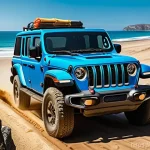 지프 글래디에이터와 랜드로버 디펜더 비교 - A rugged Jeep Gladiator, shown from a dynamic low-angle shot, confidently navigating a challenging y...