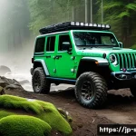 지프 랭글러와 마세라티 레반테의 시장 비교 - A rugged Jeep Wrangler driving through a dense, misty mountain forest trail during early morning, sh...