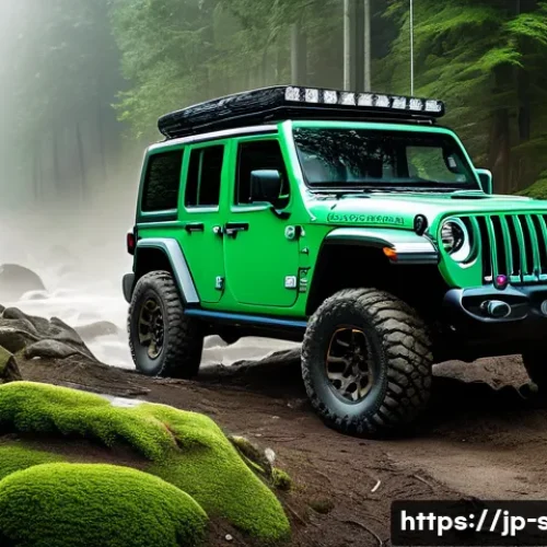 지프 랭글러와 마세라티 레반테의 시장 비교 - A rugged Jeep Wrangler driving through a dense, misty mountain forest trail during early morning, sh...