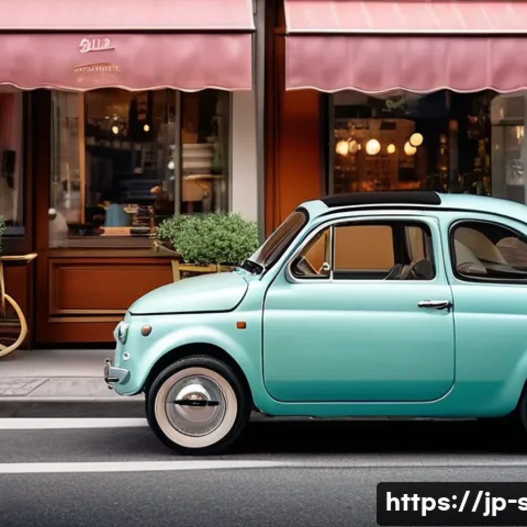 피아트 500과 미니 쿠퍼 비교 - A charming urban street scene featuring a pastel-colored Fiat 500 parked beside a cozy caf&eacute;, showcas...