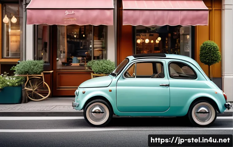 피아트 500과 미니 쿠퍼 비교 - A charming urban street scene featuring a pastel-colored Fiat 500 parked beside a cozy caf&eacute;, showcas...