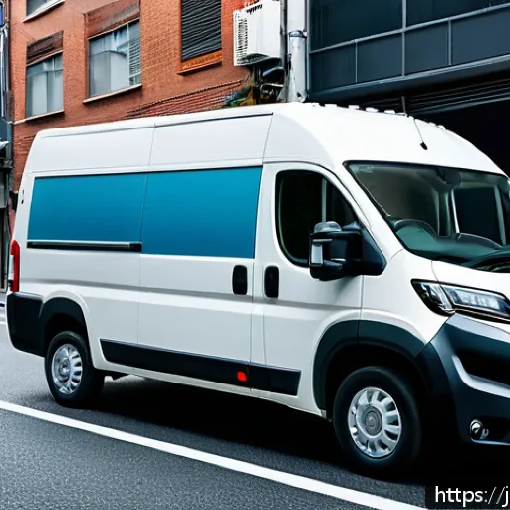 피아트 두카토와 포드 트랜짓 밴 비교 - A detailed street scene featuring a sleek Fiat Ducato van with a simple yet sophisticated rounded fr...