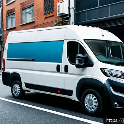 피아트 두카토와 포드 트랜짓 밴 비교 - A detailed street scene featuring a sleek Fiat Ducato van with a simple yet sophisticated rounded fr...