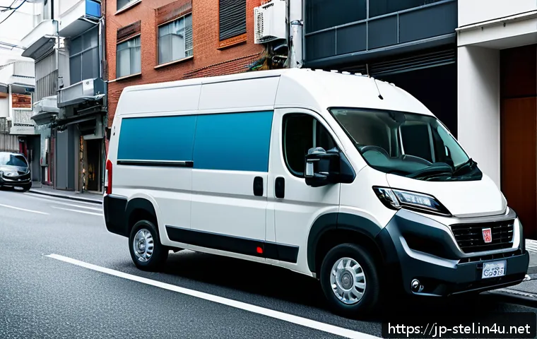 피아트 두카토와 포드 트랜짓 밴 비교 - A detailed street scene featuring a sleek Fiat Ducato van with a simple yet sophisticated rounded fr...
