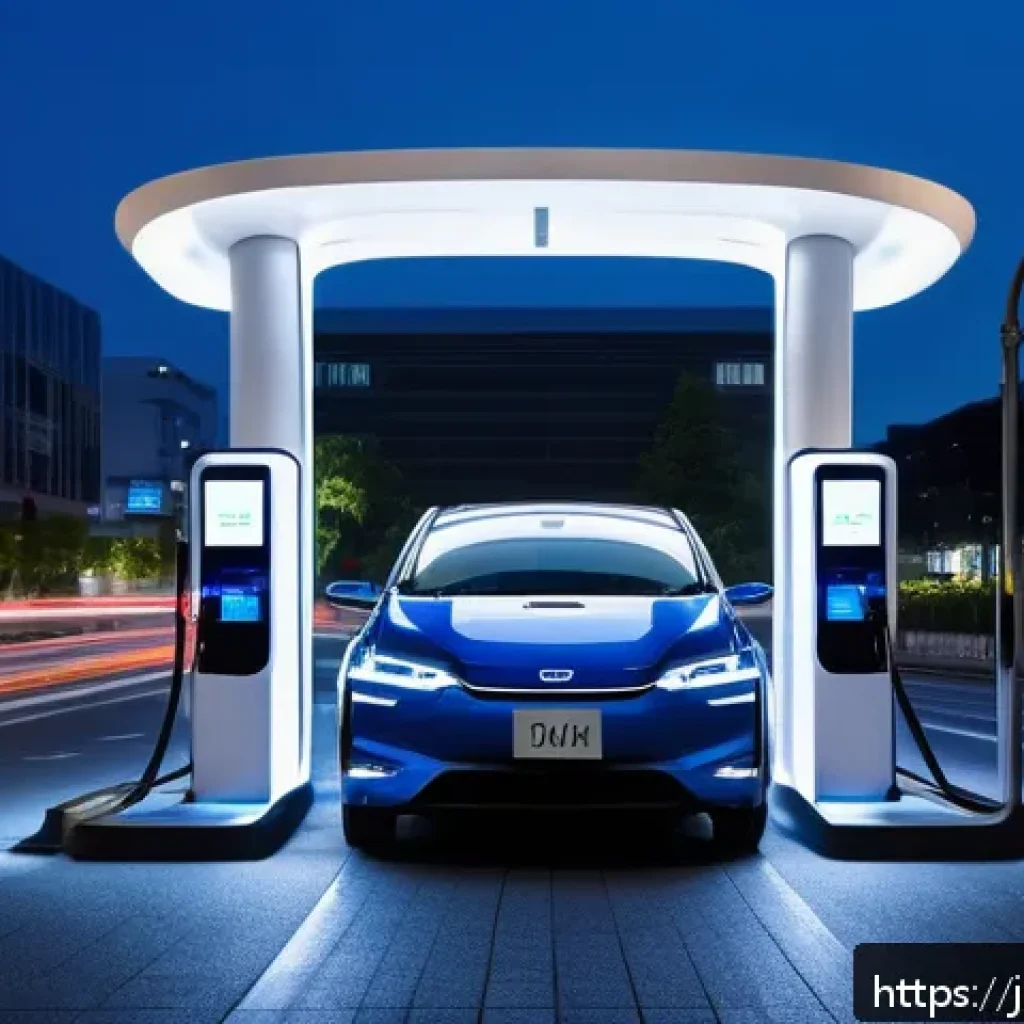 스텔란티스 전기차의 충전 시간 단축 기술 - A futuristic electric vehicle charging station in a modern Japanese urban setting, featuring sleek S...