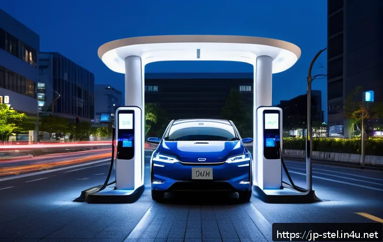 스텔란티스 전기차의 충전 시간 단축 기술 - A futuristic electric vehicle charging station in a modern Japanese urban setting, featuring sleek S...