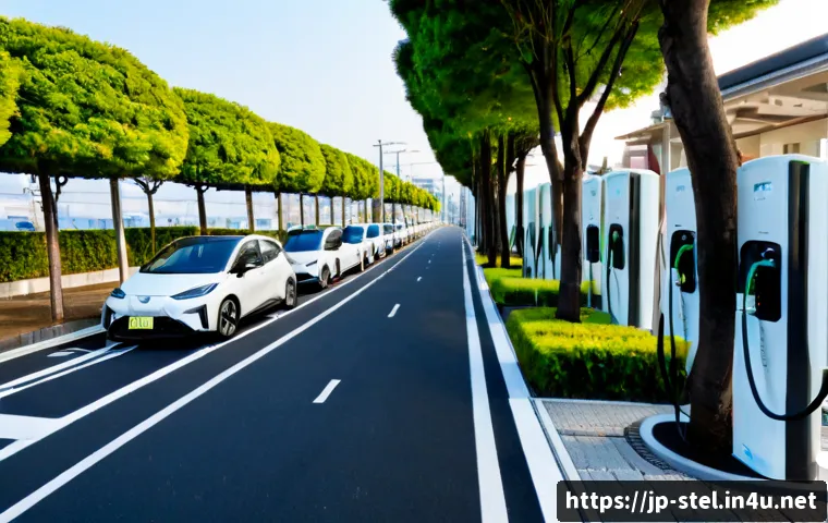 스텔란티스의 전기차 충전소 네트워크 - Photorealistic wide-angle view of a modern electric vehicle charging hub in a Japanese city, several...
