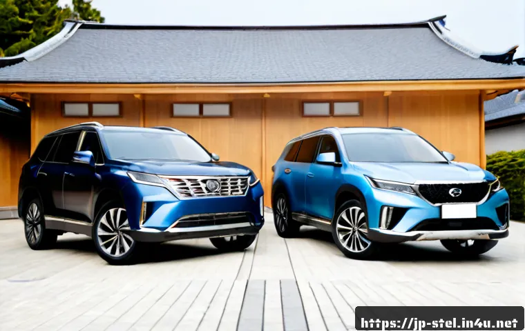 푸조 5008과 기아 쏘렌토 비교 - Photorealistic side-by-side comparison of two unbranded midsize three-row family SUVs, one elegant E...