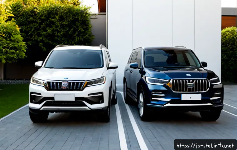 알파 로메오 스텔비오와 볼보 XC60 비교 - Photorealistic side-by-side comparison of two premium midsize SUVs parked in a clean modern Japanese...